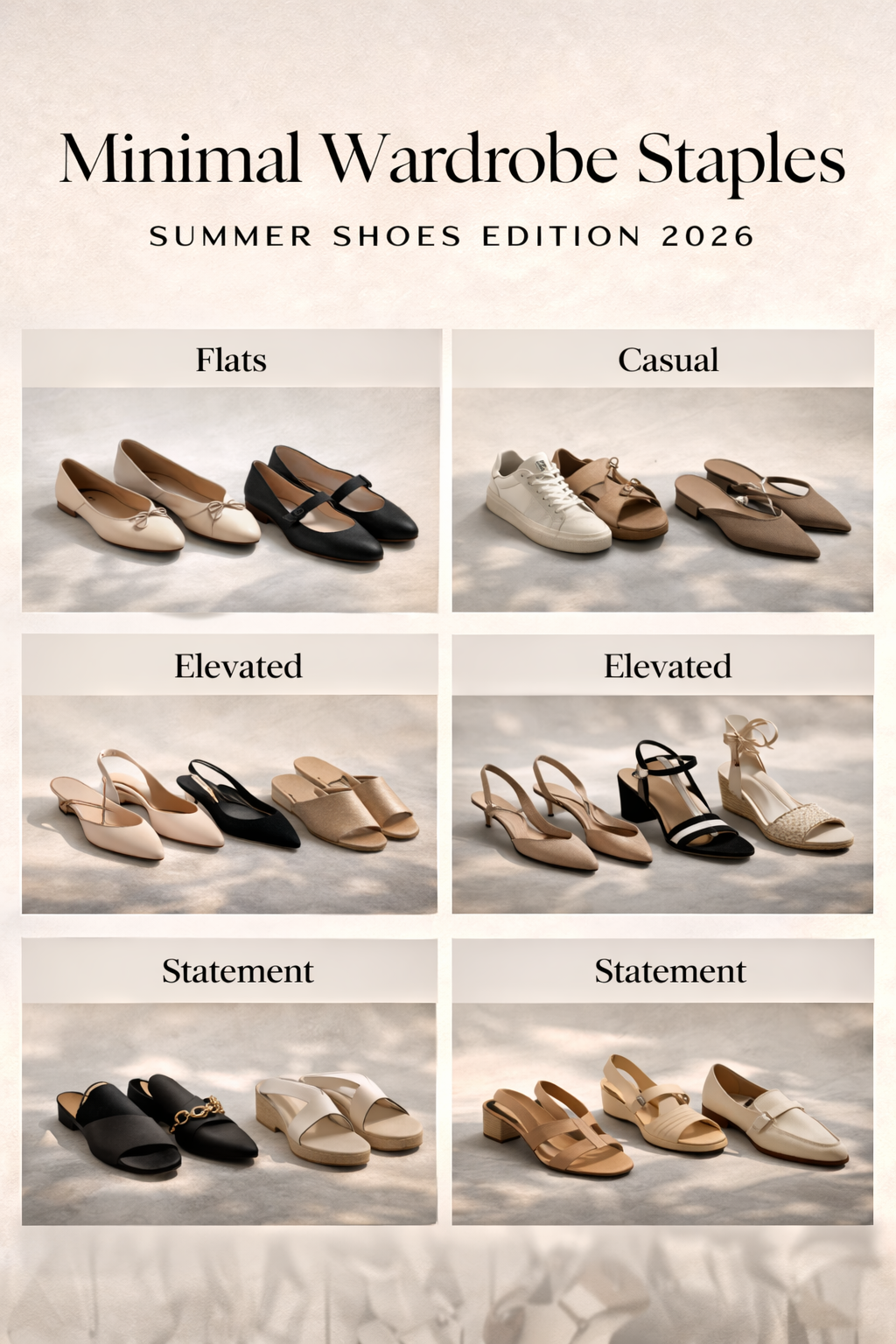 Clean 2x2 fashion grid showcasing minimal summer shoe staples for 2026, divided into Flats, Casual, Elevated, and Statement categories, featuring ballet flats, Mary Janes, white sneakers, Birkenstock sandals, slingback heels, strappy sandals, platform sandals, and loafers in neutral tones