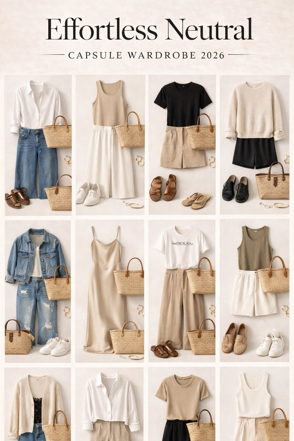Complete effortless neutral capsule wardrobe mood board 2026 featuring 12 polished everyday outfits in soft neutrals, including white button-downs with blue jeans, beige ribbed tanks with wide-leg trousers, black tees with beige shorts, chunky knits, satin slip dresses, and woven bags arranged in a clean flat lay on white background