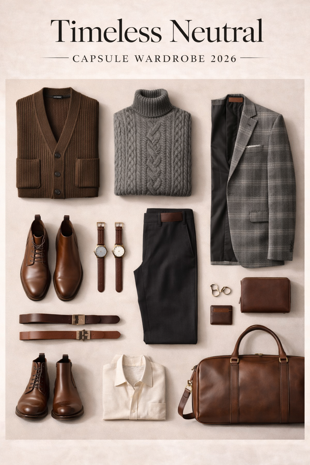 Complete timeless men’s neutral capsule wardrobe mood board 2026 featuring earthy tones with brown ribbed cardigan, gray cable-knit turtleneck, gray plaid blazer, black trousers, brown leather Chelsea boots, derby boots, leather belts, and watches arranged in a sophisticated flat lay on warm beige background