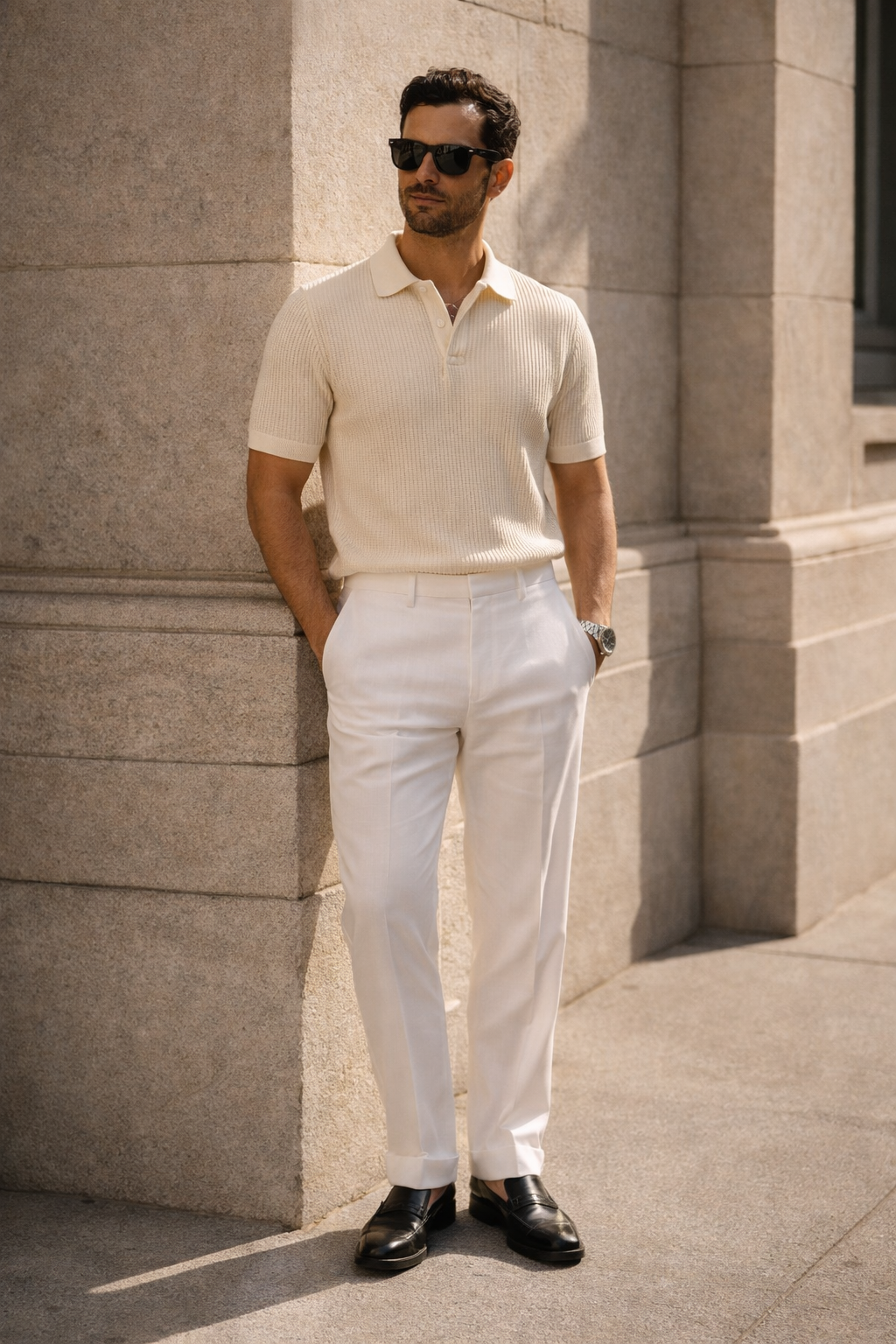 Confident man in effortless summer outfit 2026 wearing a cream ribbed knit polo shirt, crisp white tailored trousers, polished black leather loafers, and black sunglasses, leaning against a sunlit stone building in a relaxed yet sophisticated pose
