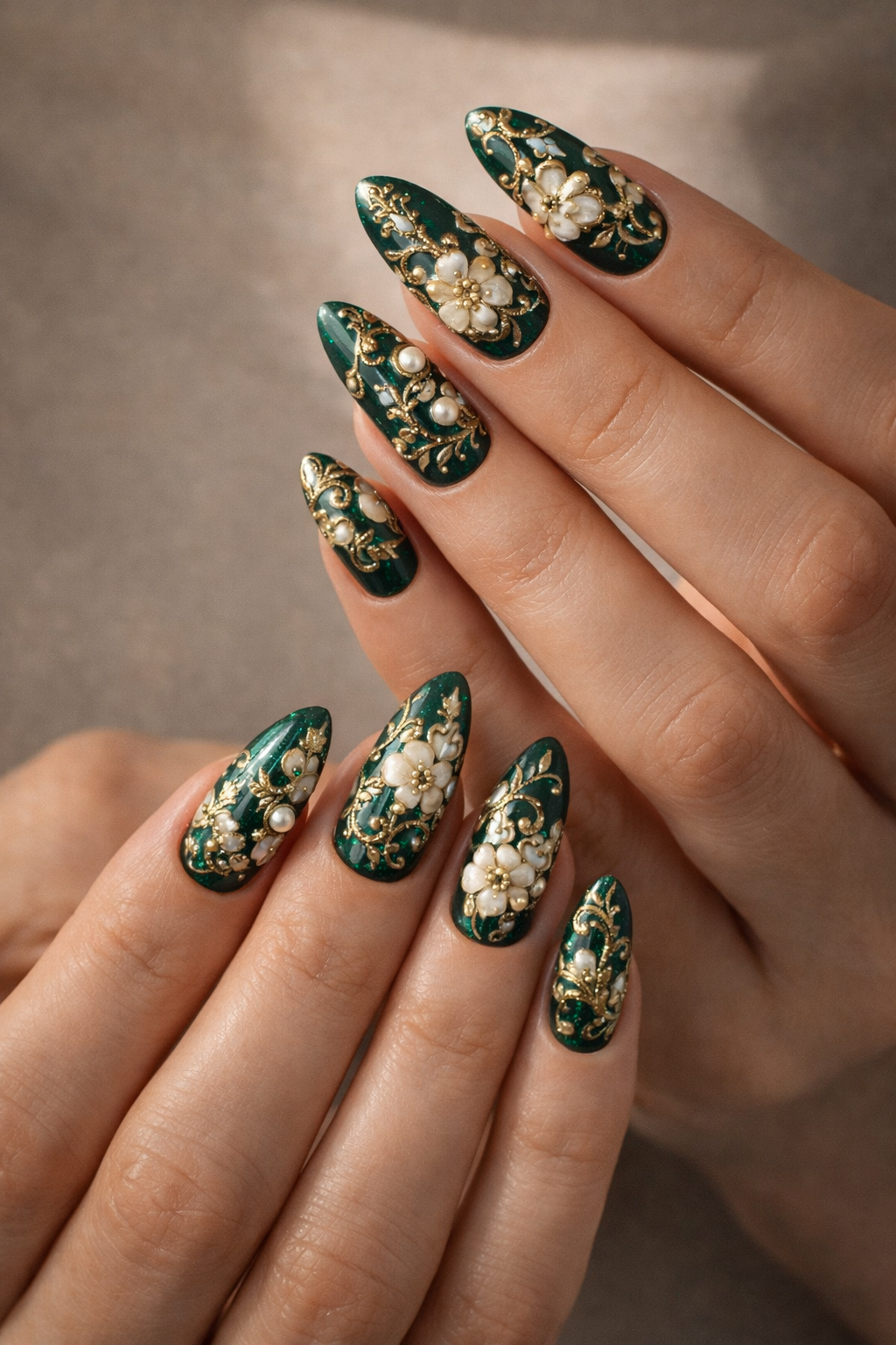 Close-up of hands with long almond-shaped luxury emerald green & gold press-on nails featuring intricate vintage Victorian floral nail art, deep emerald base with white and gold flowers, delicate gold filigree swirls, pearl accents, and sparkling gold details