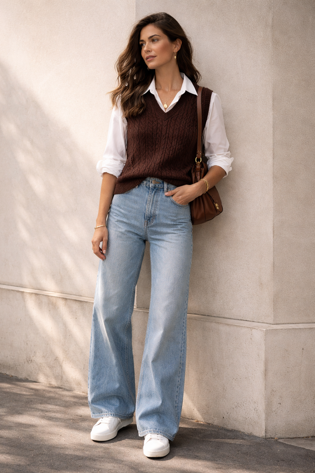 Woman in effortless casual chic outfit 2026 wearing a crisp white button-down shirt under a rich brown cable knit vest, light-wash wide-leg jeans, white sneakers, and delicate gold jewelry, standing against a minimalist wall