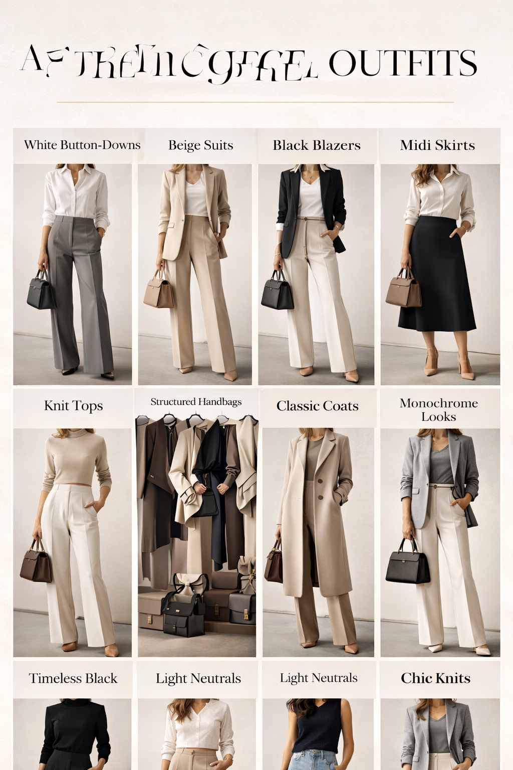Clean 3x5 grid showcasing 15 aesthetic office outfits for 2026, featuring elegant neutral and classic professional looks with white button-downs, beige suits, black blazers, midi skirts, wide-leg trousers, knit tops, and structured handbags in a minimalist studio setting