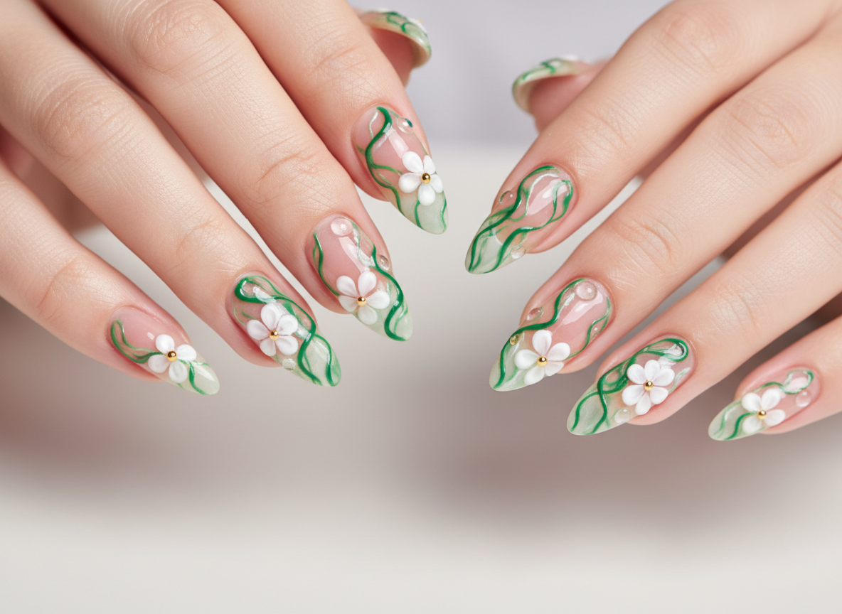 Exquisite botanical green and white floral nail art on long almond nails featuring translucent rosy-nude base, emerald green marble vines, and raised 3D white flowers with gold centers and glossy water droplets, quiet luxury beauty style