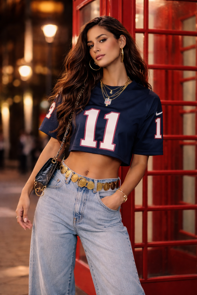 Woman in bold urban sporty chic outfit 2026 wearing a cropped navy NFL jersey with number 11, light-wash baggy wide-leg jeans, gold coin belt, layered gold necklaces, large hoop earrings, and a small Dior saddle bag, standing in front of a red London telephone booth at night