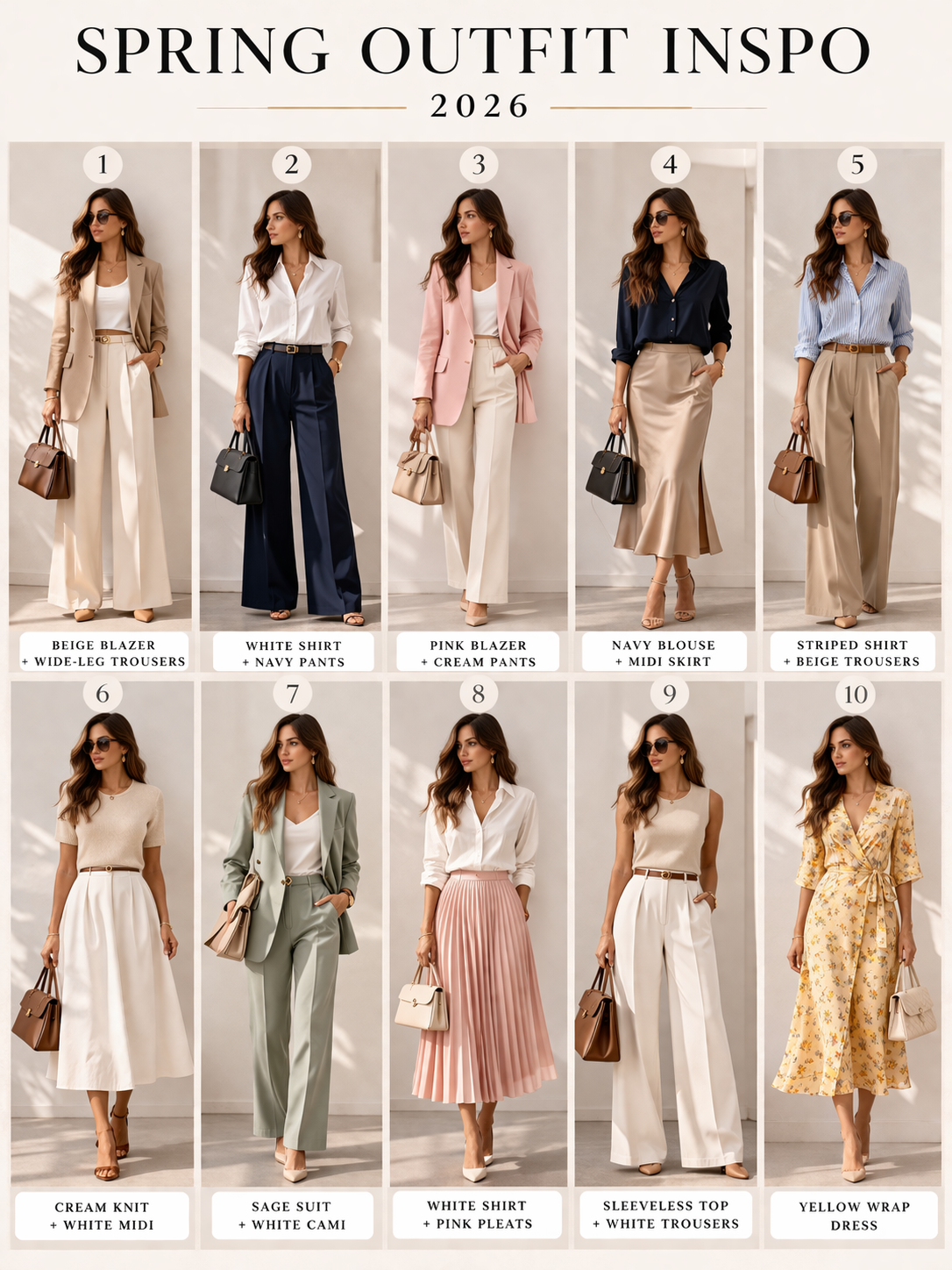 Clean 2x5 fashion grid showcasing 10 elegant spring outfit inspirations for 2026, featuring beige blazers, white shirts, navy blouses, pink blazers, yellow wrap dresses, wide-leg trousers, midi skirts, and structured handbags in a minimalist studio setting