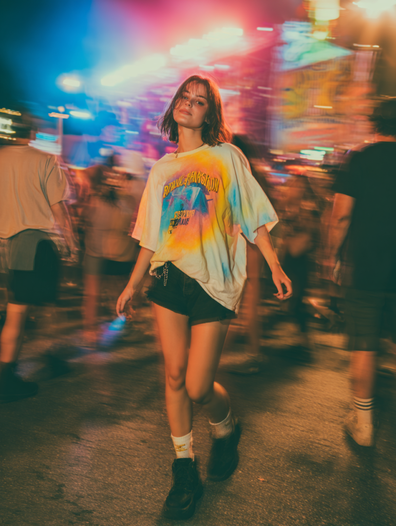 Woman wearing sheer mesh top, bralette, and cargo pants at night festival stage lights