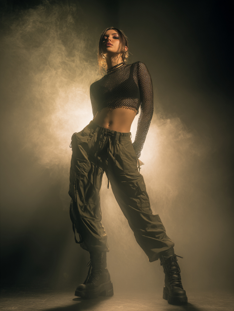 Woman in oversized band t-shirt, bike shorts, and sneakers dancing at night concert