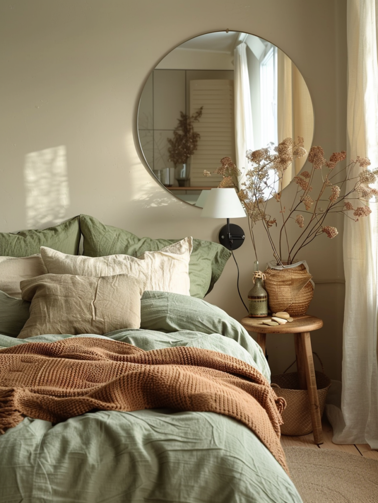 Peaceful Japandi-inspired bedroom using sage green bedding, warm beige walls, light oak furniture, terracotta throw, and natural elements for a restful and refined timeless aesthetic