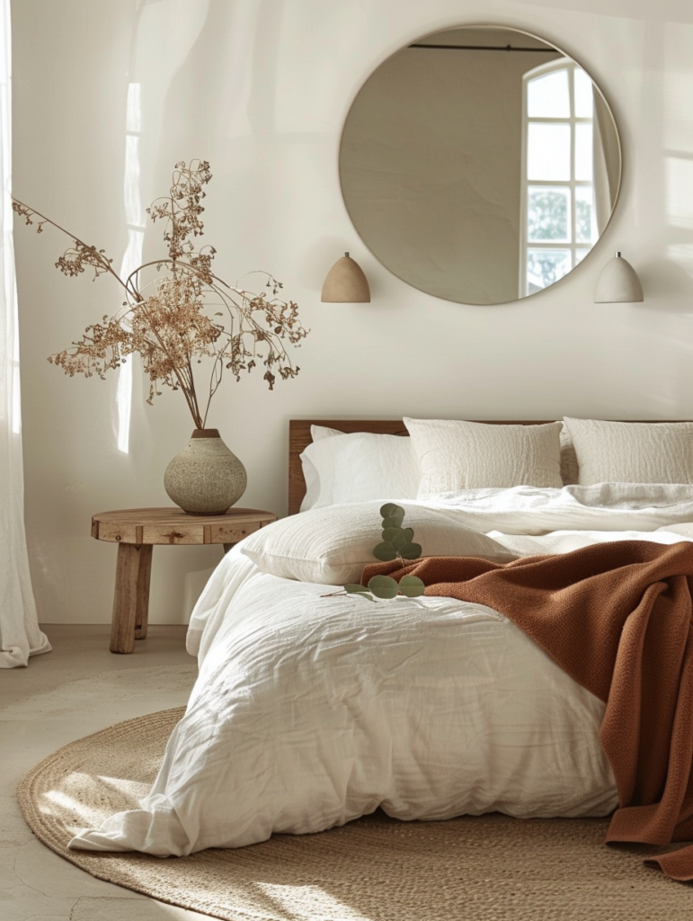Peaceful Japandi bedroom with warm off-white walls, sage green accents, light wood bed frame, crisp linen bedding, and natural elements creating a calm and sophisticated sanctuary