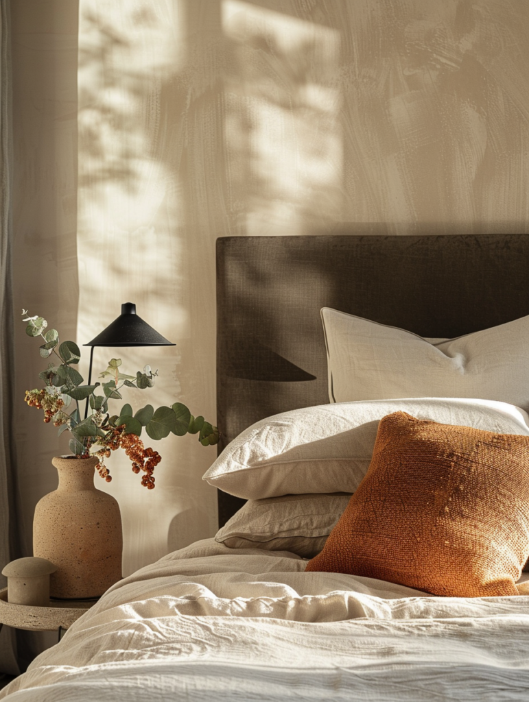 Peaceful Japandi bedroom with beige walls, sage green accents, light wood bed frame, terracotta woven cushion, and matte ceramic details creating a calm and sophisticated sanctuary