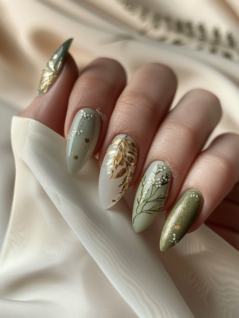 Woman’s hands with sage green and gold botanical nail art styled with cream cashmere sweater, showing refined coordination between intricate manicure and quiet luxury neutral wardrobe
