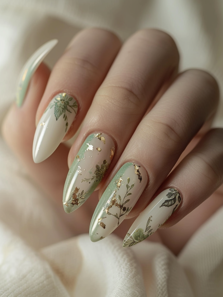 Beautiful flat lay of sage green and gold botanical nail art on cream knitted fabric, showcasing long almond nails with intricate gold vines, sage green leaves, and metallic details in soft natural light