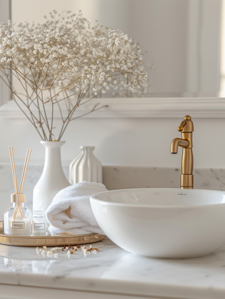 Close-up detail of modern bathroom vanity styling with white vessel sink, brass faucet, dried baby's breath flowers, reed diffuser, folded linen towels, and marble countertop in a minimalist quiet luxury style