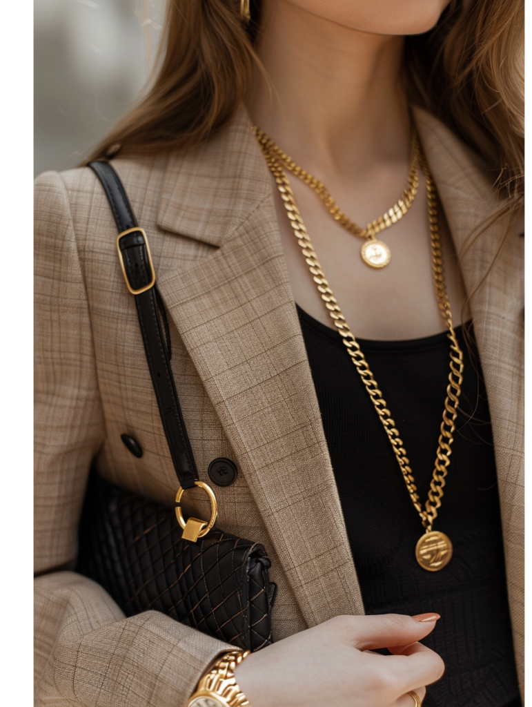 Close-up detail of beige power suit outfit showing structured blazer with flap pockets, black camisole, layered gold chain necklaces, gold watch, and black quilted handbag with gold hardware
