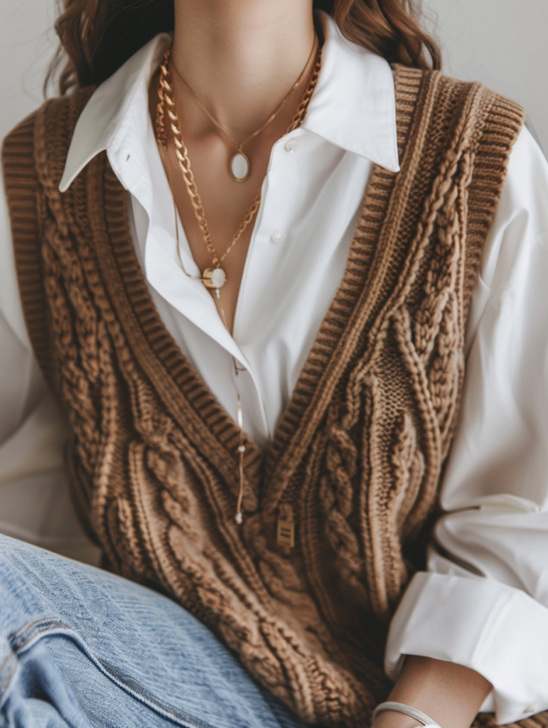 Close-up detail of effortless casual chic outfit showing white button-down shirt layered under rich brown cable knit vest, light-wash wide-leg jeans, and delicate gold jewelry