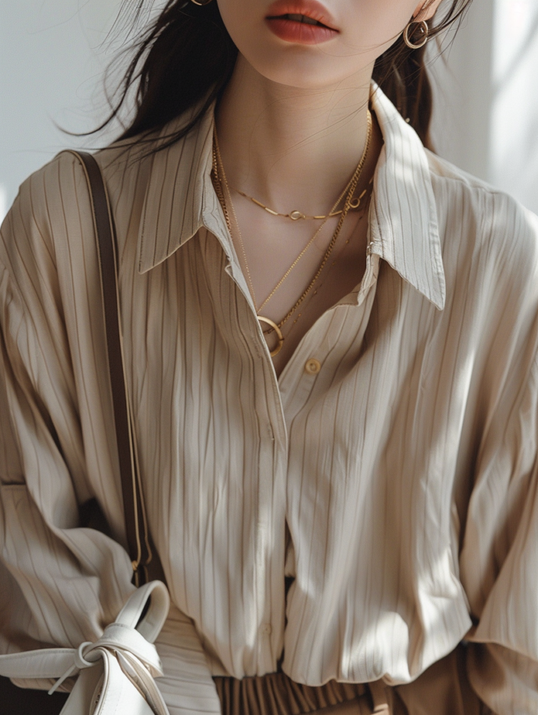Close-up detail of minimal spring outfit showing softly striped beige button-down shirt with rolled sleeves, high-waisted brown pleated trousers, white sneakers, and delicate gold jewelry