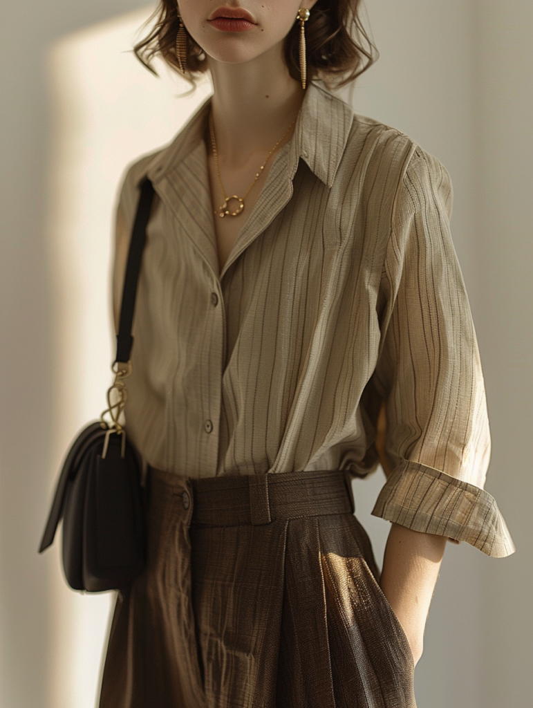 Detailed close-up of minimal spring outfit showing softly striped beige button-down shirt with rolled sleeves, high-waisted brown wide-leg trousers, small black handbag, and gold jewelry accents