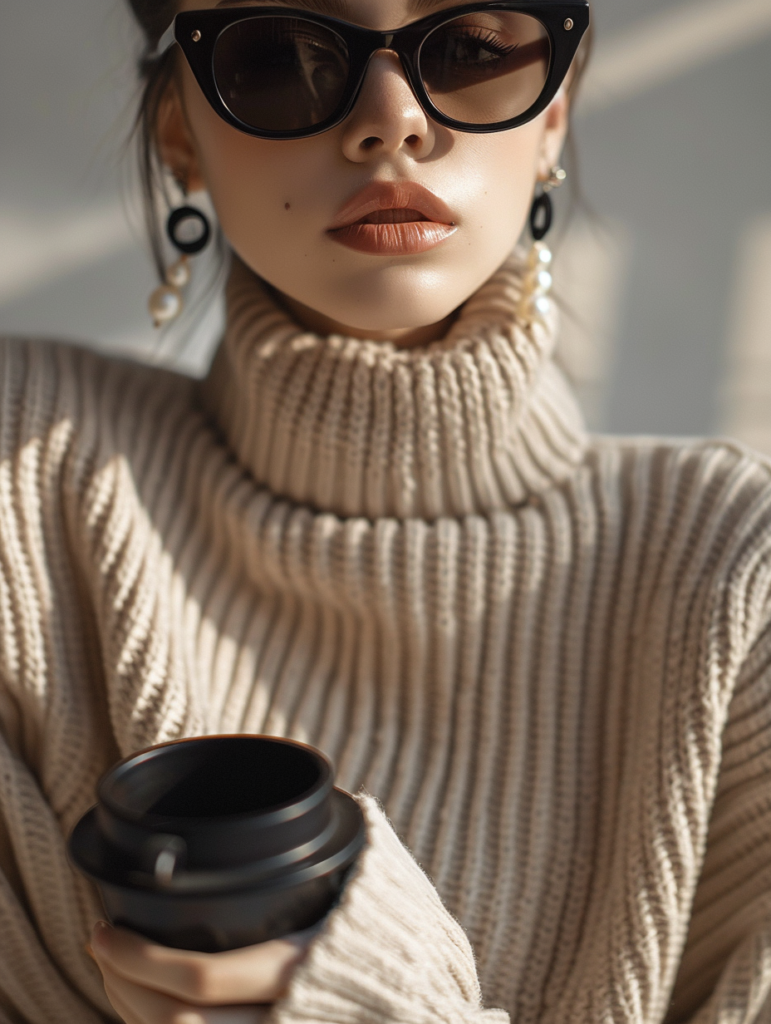 Detailed close-up of elegant neutral coffee date outfit showing soft beige turtleneck sweater, pearl drop earrings, black sunglasses, black coffee cup, and part of the beige wide-leg trousers
