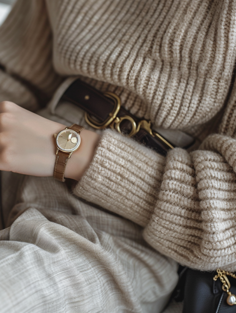 Close-up detail of elegant neutral coffee date outfit showing soft beige cashmere turtleneck, tailored trousers, beige leather loafers with gold hardware, and delicate gold jewelry