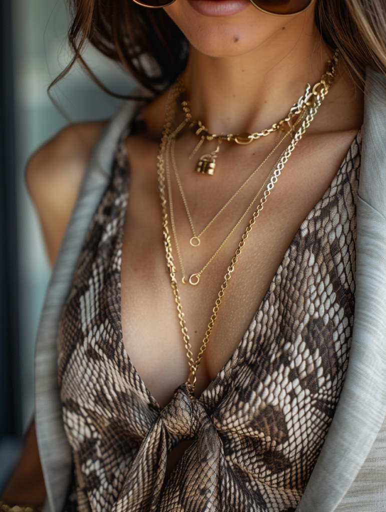 Close-up detail of snake print cut-out top outfit showing gray-brown snake print camisole with cut-outs and ties, layered gold necklaces, gold bracelets, dark sunglasses, and part of structured gray handbag