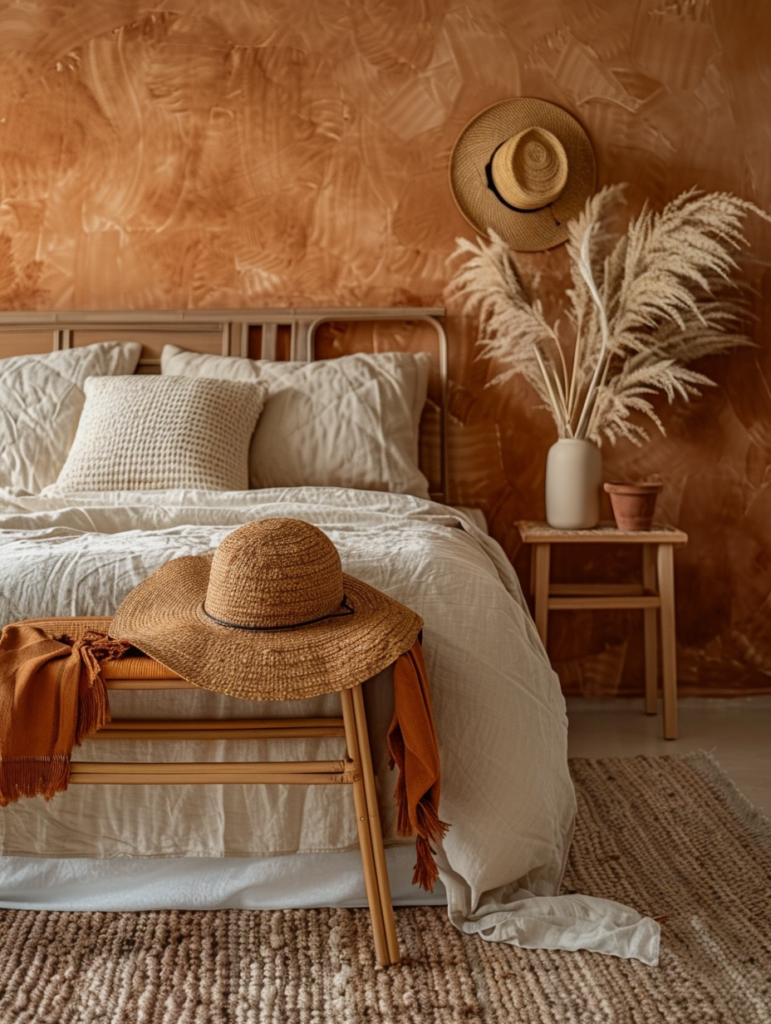 Close-up detail of terracotta bedroom styling featuring layered bedding with terracotta throw, rattan bench with straw hats, pampas grass arrangement, and warm terracotta wall in the background