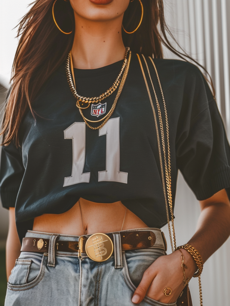 Close-up detail of urban sporty chic outfit showing cropped navy NFL jersey with number 11, gold coin belt on baggy jeans, layered gold necklaces, and large hoop earrings