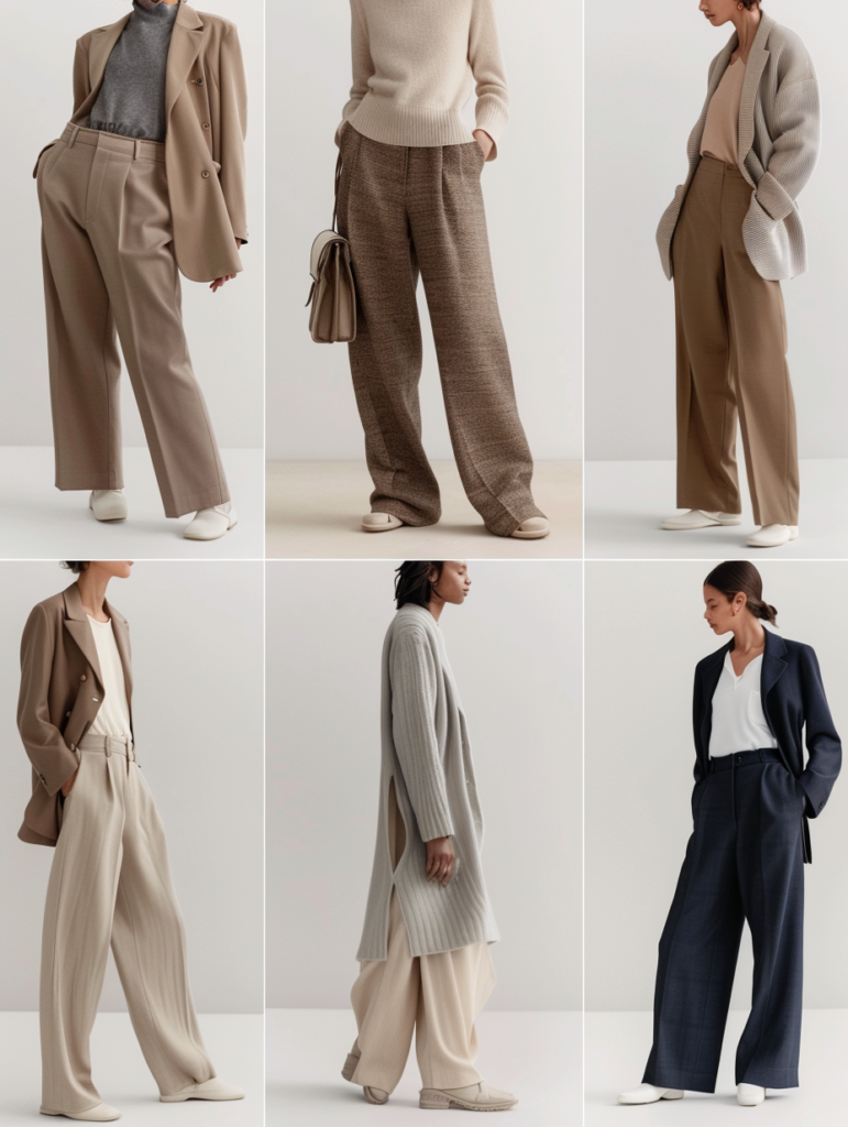 Faceless fashion grid displaying neutral outfits with turtleneck sweaters paired with flowing midi skirts in beige, cream, gray, and taupe tones, showcasing quiet luxury styling with premium fabrics