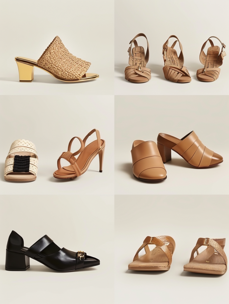 Fashion grid displaying elevated and statement summer shoes including slingback kitten heels, gold strappy sandals, woven espadrilles, black square toe mules, beige platform sandals, and brown loafers with gold hardware