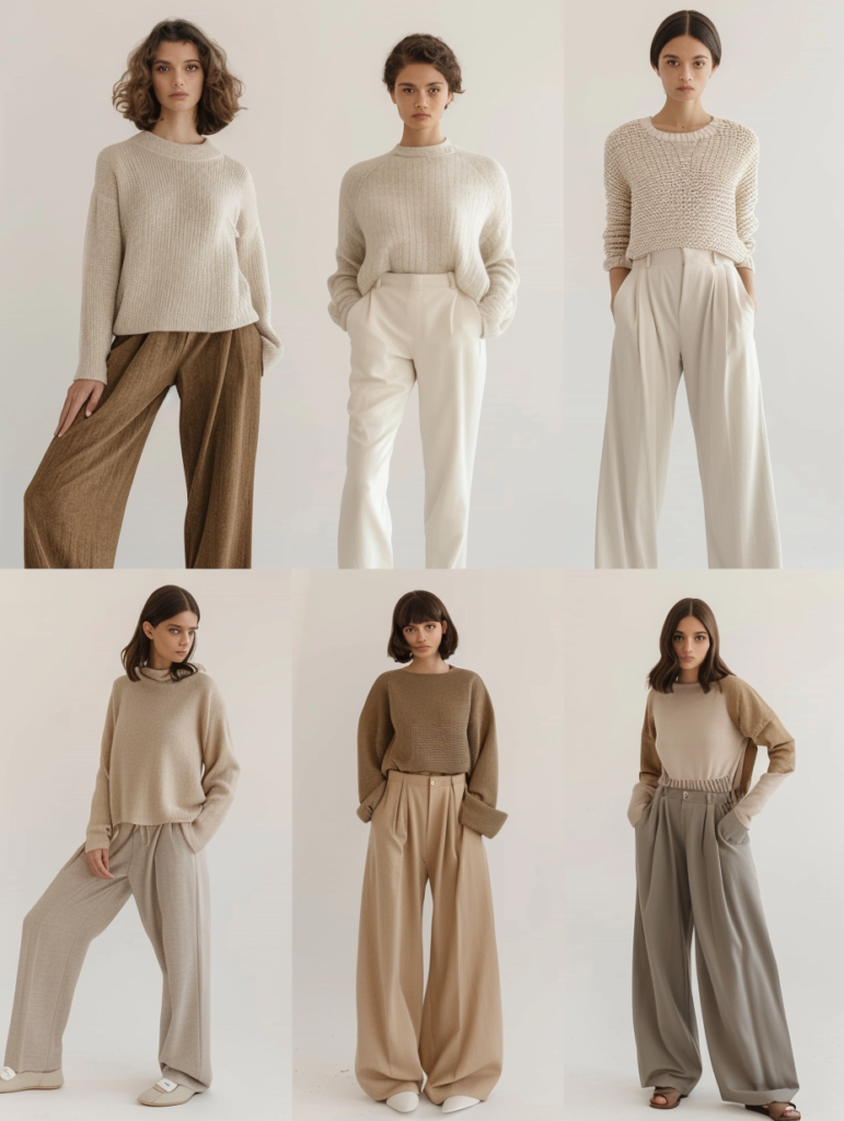 Elegant fashion grid showing wide-leg trousers paired with short and long sleeve knit tops in beige, navy, gray and cream tones, demonstrating sophisticated quiet luxury styling