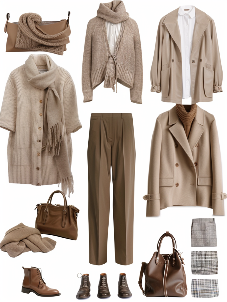 Lower section of timeless neutral wardrobe mood board 2026 displaying beige chunky knit sweaters, white button-down shirts, plaid trousers, beige turtlenecks with dark jeans, and beige trench coats with leather bags and loafers