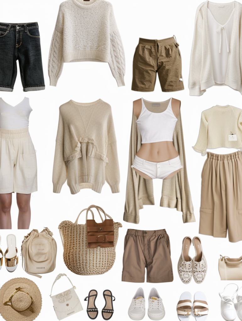 Middle and lower sections of effortless neutral capsule wardrobe 2026 displaying cream chunky knit sweaters, white tanks with distressed jeans, beige satin slip dresses, white graphic tees, olive ribbed tanks, and cream cardigans with lace camisoles paired with sandals and woven bags