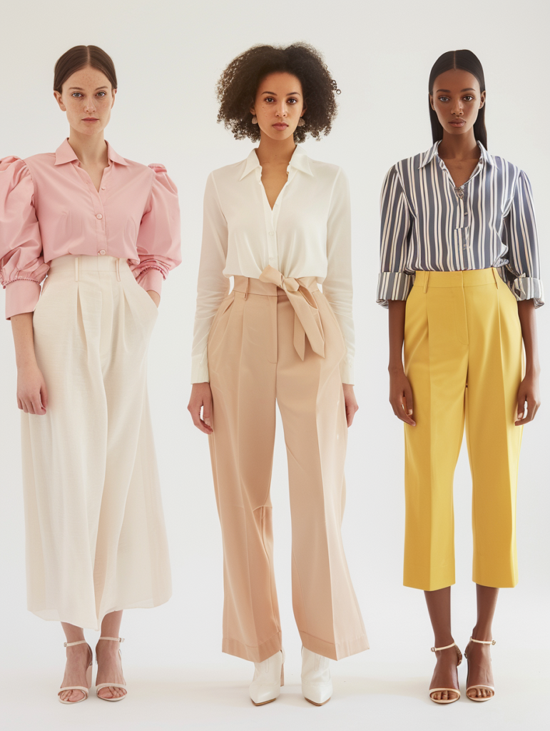 Fashion grid showing colorful and feminine spring work outfits including pink puff-sleeve blouse with cream skirt, white camisole with beige trousers, yellow wrap dress, and navy striped shirt with white trousers