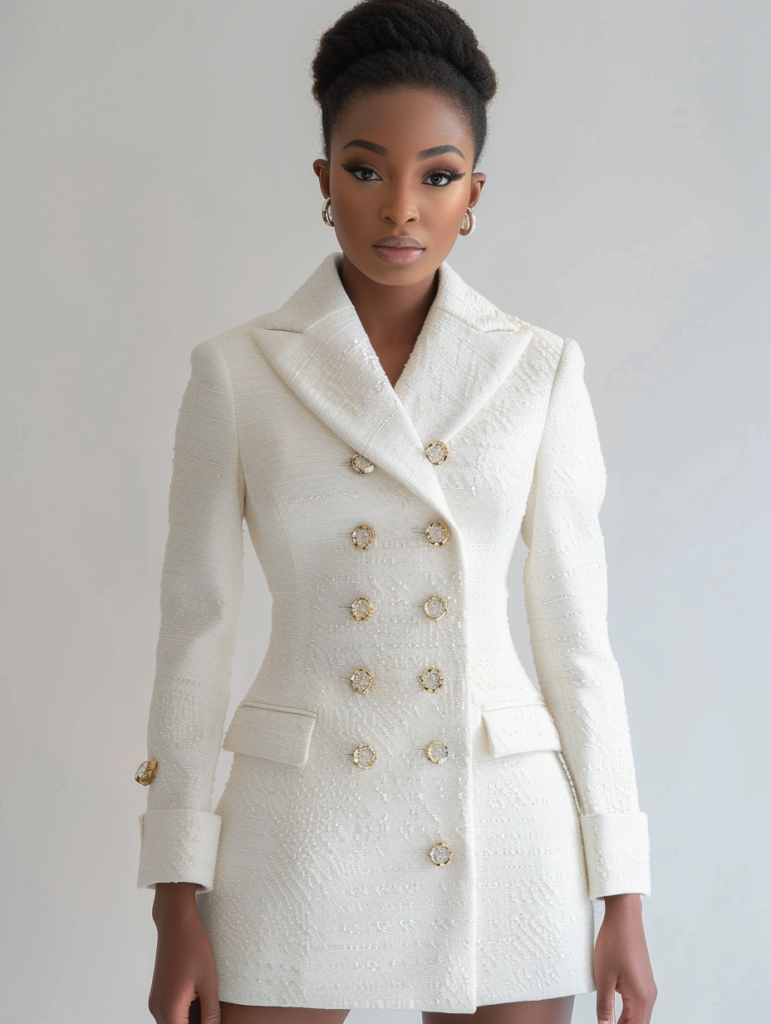 Full-body view of a woman in classic white tweed graduation suit with structured blazer, gold button details, and matching mini skirt, showcasing refined tailoring and quiet luxury elegance
