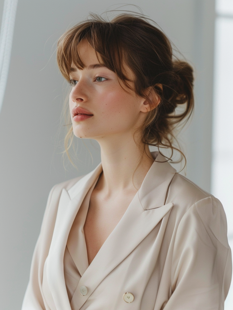 Woman in feminine graduation outfit wearing a soft beige or blush midi dress layered with a tailored blazer, delicate gold accessories, and graceful styling for a refined and celebratory look