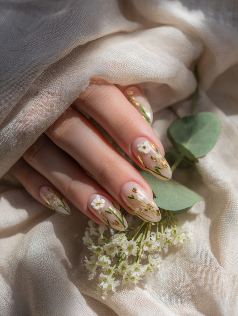 Elegant flat lay of botanical green and white floral nail art on hands resting on soft beige linen, showcasing translucent pink base, flowing emerald green vines, and delicate 3D white flowers with gold centers in natural light