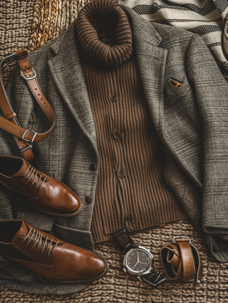 Elegant layered outfit with brown ribbed cardigan under gray tweed blazer, paired with leather belts, watches, and boots in a refined Old Money flat lay style