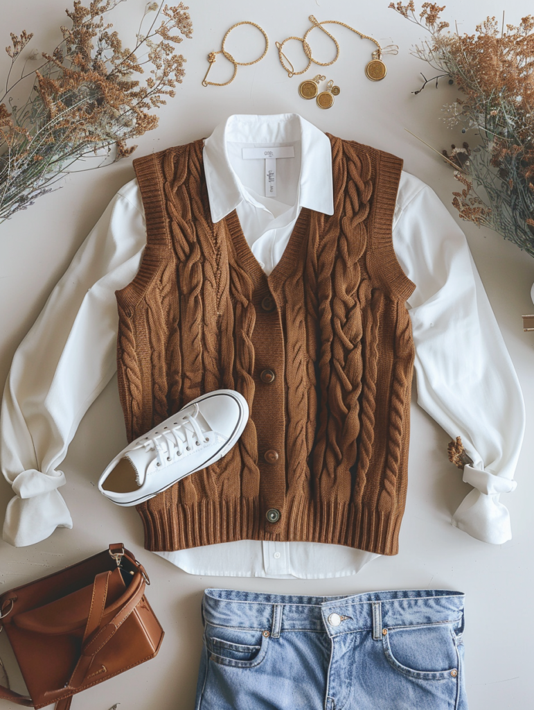 Elegant flat lay of effortless casual chic outfit with white button-down shirt, brown cable knit vest, light-wash wide-leg jeans, white sneakers, and delicate gold jewelry arranged on a neutral surface
