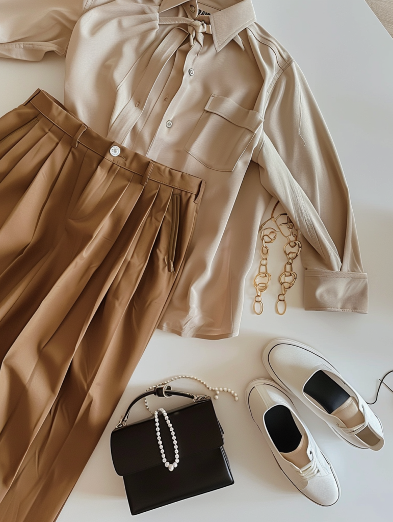 Elegant flat lay of minimal spring outfit with softly striped beige button-down shirt, high-waisted brown pleated wide-leg trousers, white sneakers, small black handbag, and delicate gold jewelry arranged neatly