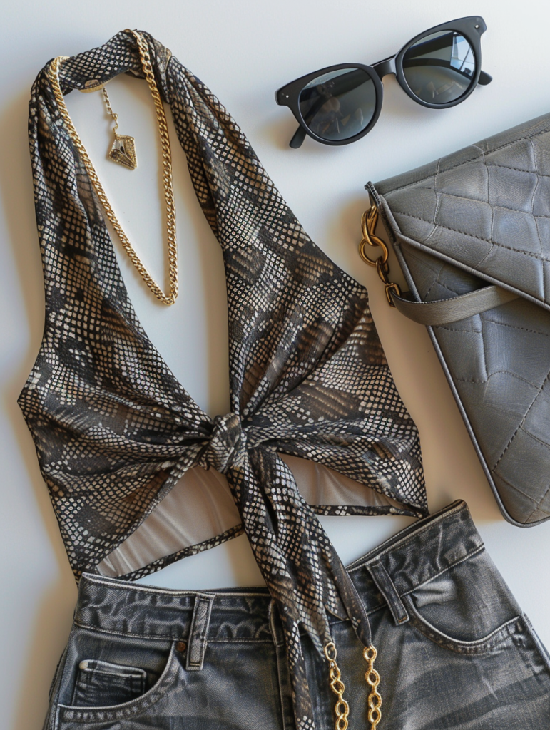 Elegant flat lay of snake print cut-out top outfit with gray-brown snake print camisole featuring cut-outs and ties, dark wide-leg gray jeans, layered gold necklaces, gold bracelets, dark sunglasses, and structured gray handbag arranged on neutral surface