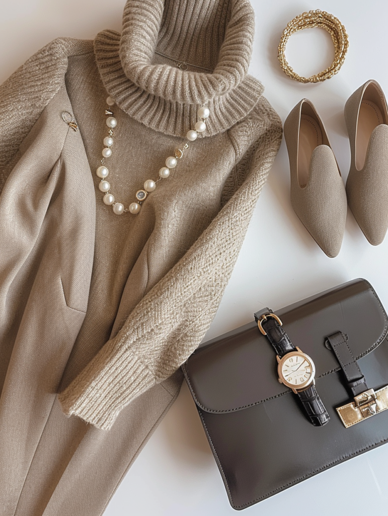 Elegant flat lay of timeless neutral coffee date outfit with beige cashmere turtleneck, tailored beige trousers, beige leather loafers, black structured handbag, pearl earrings, and gold watch arranged in a minimalist composition