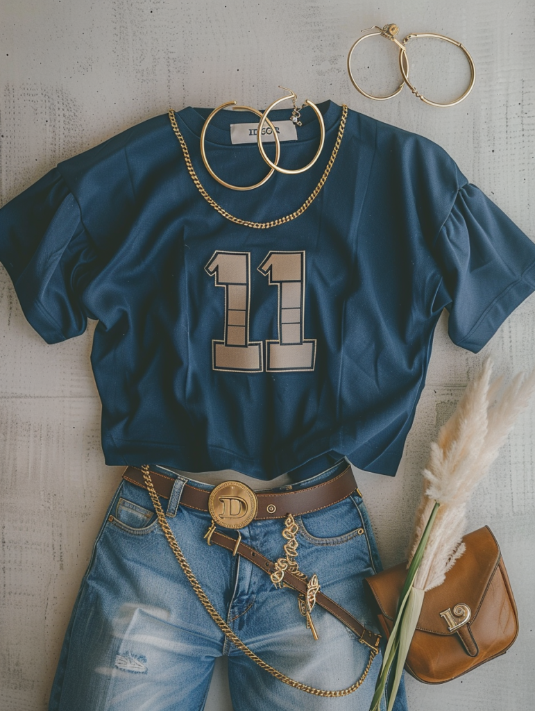 Elegant flat lay of urban sporty chic outfit with cropped navy NFL jersey, light-wash baggy wide-leg jeans, gold coin belt, small Dior saddle bag, large hoop earrings, and layered gold necklaces arranged on a neutral surface