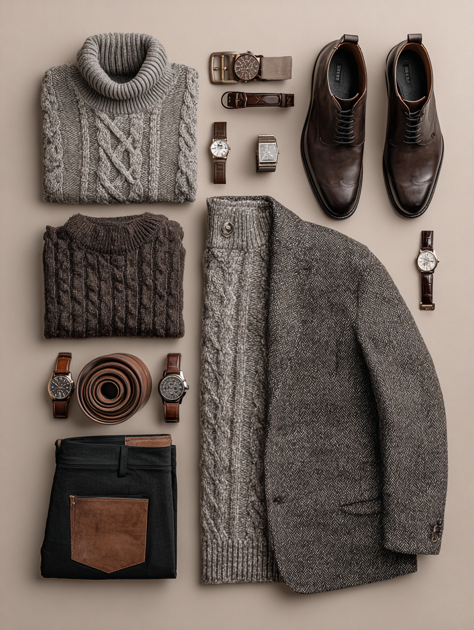 Elegant flat lay of timeless classic outfits 2026 featuring gray cable knit turtleneck, brown cardigan, gray tweed blazer, black trousers, brown Chelsea boots, leather watches, and belts arranged in sophisticated Old Money style on neutral background
