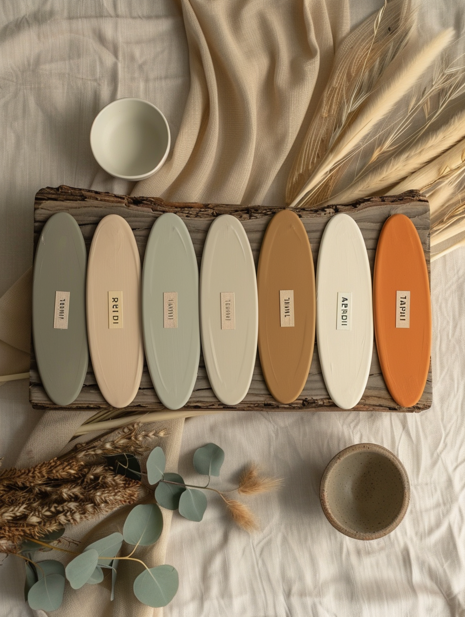 Japandi color palette mood board 2026 featuring warm terracotta, olive green, sage, soft gray, and off-white paint swatches arranged with raw wood, dried pampas grass, linen fabric, and matte ceramics on a neutral background
