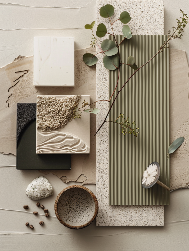 Japandi material mood board 2026 featuring beige panel, sage green swatch, terracotta woven fabric, black textured panel, light wood accent, matte ceramic bowl, and fresh eucalyptus branches arranged in a sophisticated minimalist composition