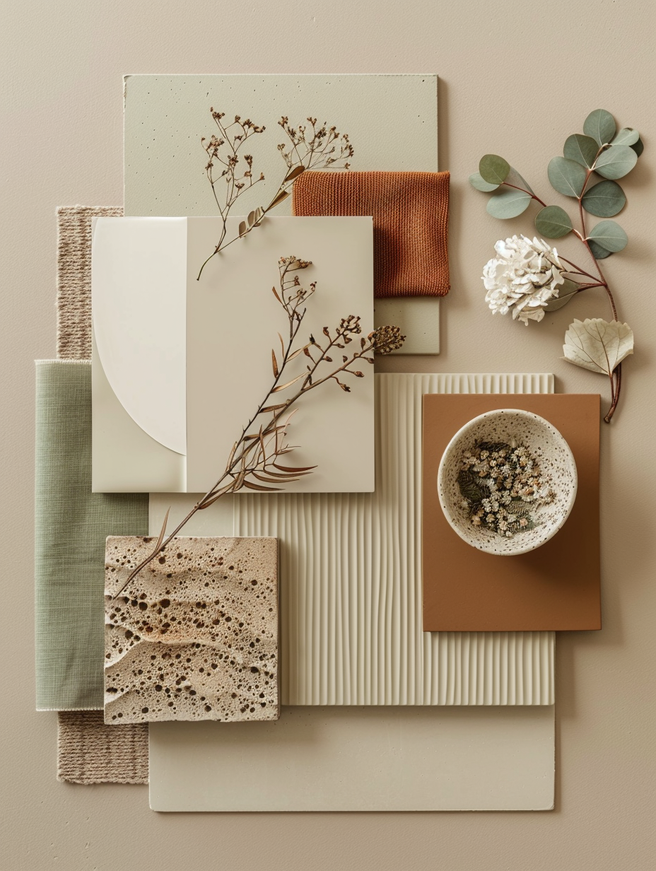 Japandi material mood board 2026 featuring beige panel, sage green swatch, terracotta woven fabric, black textured panel, light wood accent, matte ceramic bowl, and fresh eucalyptus branches arranged in a sophisticated minimalist composition