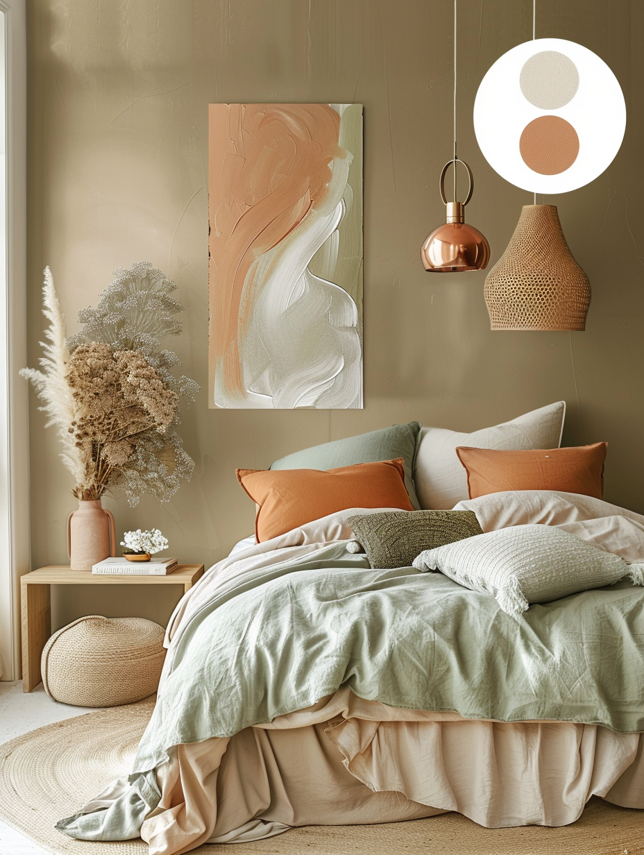 Timeless color palette 2026 mood board featuring warm terracotta brown walls, sage green and peach bedding, light oak furniture, abstract artwork, and dried pampas grass in a serene bedroom setting with color swatches displayed
