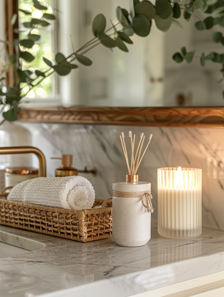 Sophisticated evening bathroom counter decor with warm ambient lighting, marble vanity, brass details, glowing candle, and natural greenery creating a luxurious and calming spa-like atmosphere