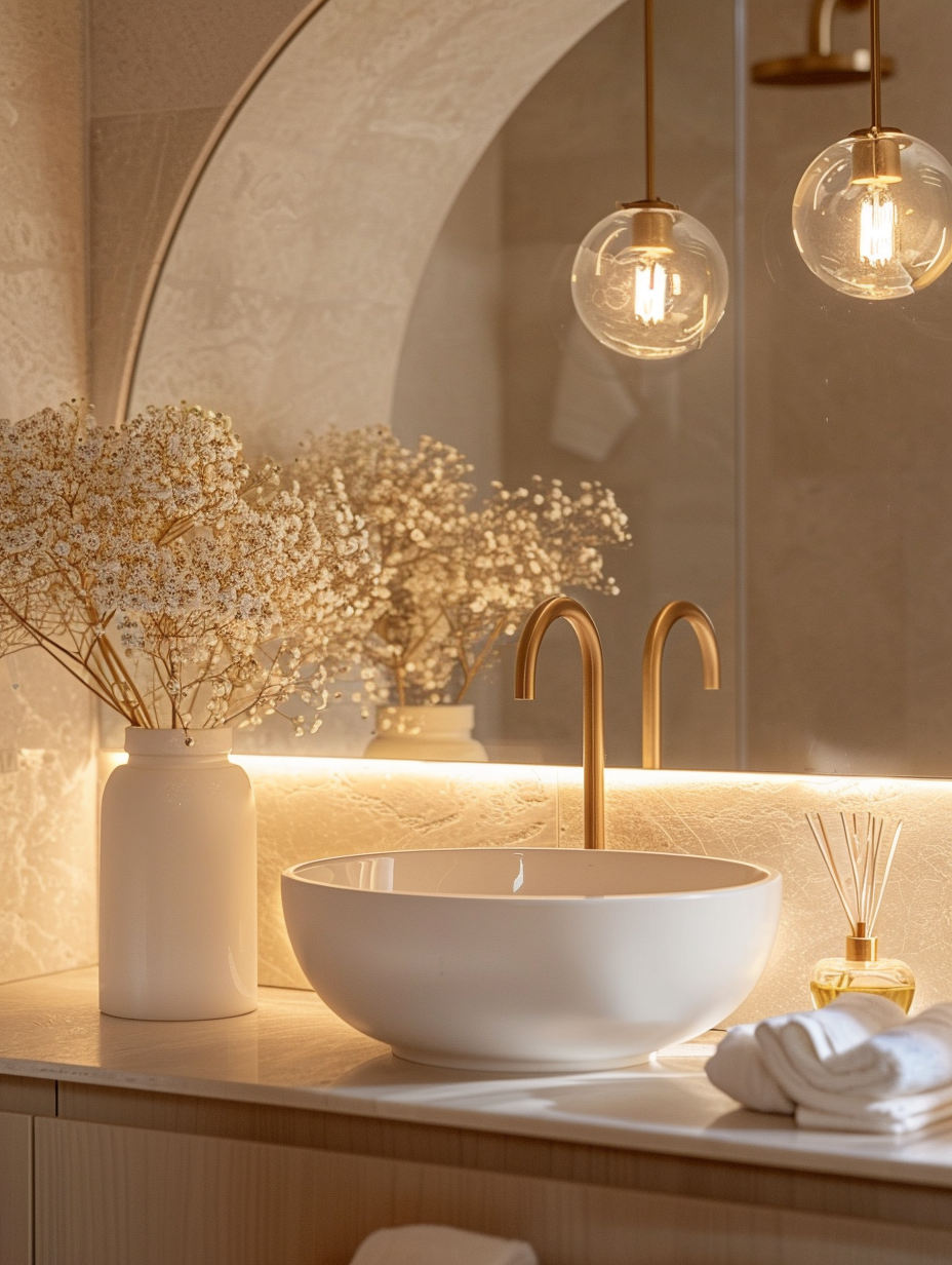 Elegant modern bathroom vanity with warm beige marble backsplash, white vessel sink, brass faucet, two glowing glass pendant lights, dried flowers in a white vase, reed diffuser, and folded linen towels creating a calm quiet luxury atmosphere
