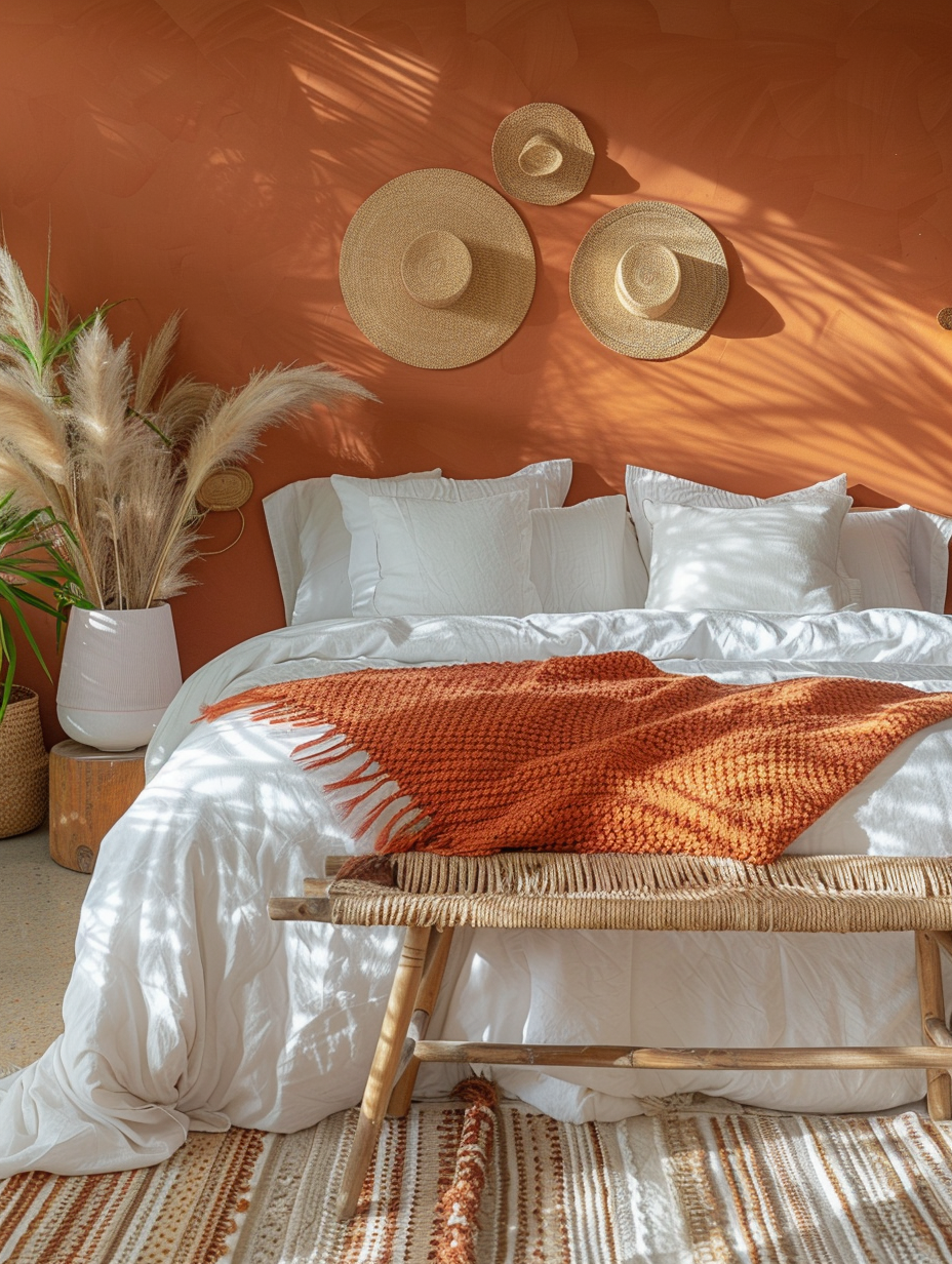 Serene terracotta bedroom with warm terracotta accent wall, white bedding layered with terracotta and peach throw, rattan bench, woven straw hats as wall art, pampas grass, and natural textures in a calm quiet luxury setting